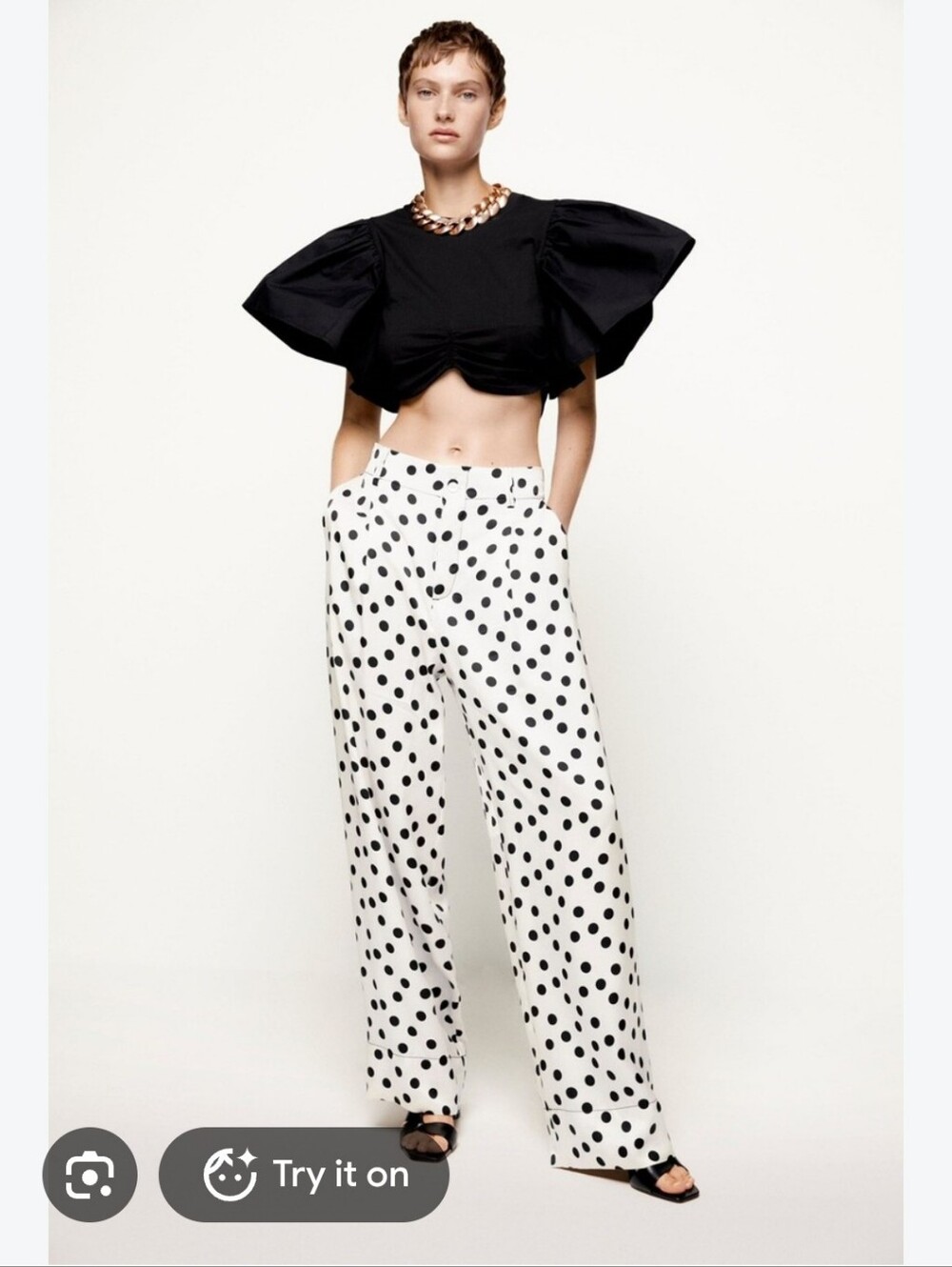 Zara Studio Woman Wide-Leg Polka Dot Flowing Trousers Pant Size XS - Picture 2 of 9